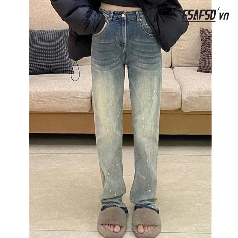 Quần Jean Dài Ống Đứng Dáng Rộng Phong Cách Retro Mỹ Thời Trang Cho Nữ