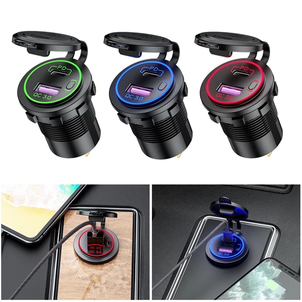 Ổ Cắm Sạc Nhanh Với 1 Cổng USB QC3.0 Và 1 Cổng PD Type C Kèm Công Tắc Bật Tắt Tiện Lợi Chuyên Dụng Cho Ô Tô