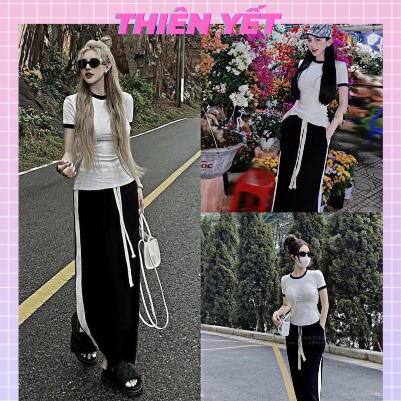 Set đồ nữ MPB áo thun viền ngắn tay + CHÂN VÁY dài sọc dây bản to hot hit mai phương bùi Cực Hot Trend 2023 - Thiên Yết