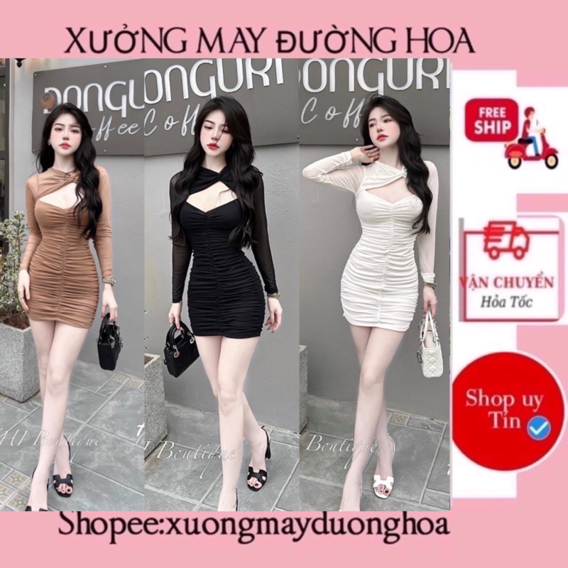 Đầm body lưới khoét ngực Xưởng May Đường Hoa siêu tôn dáng
