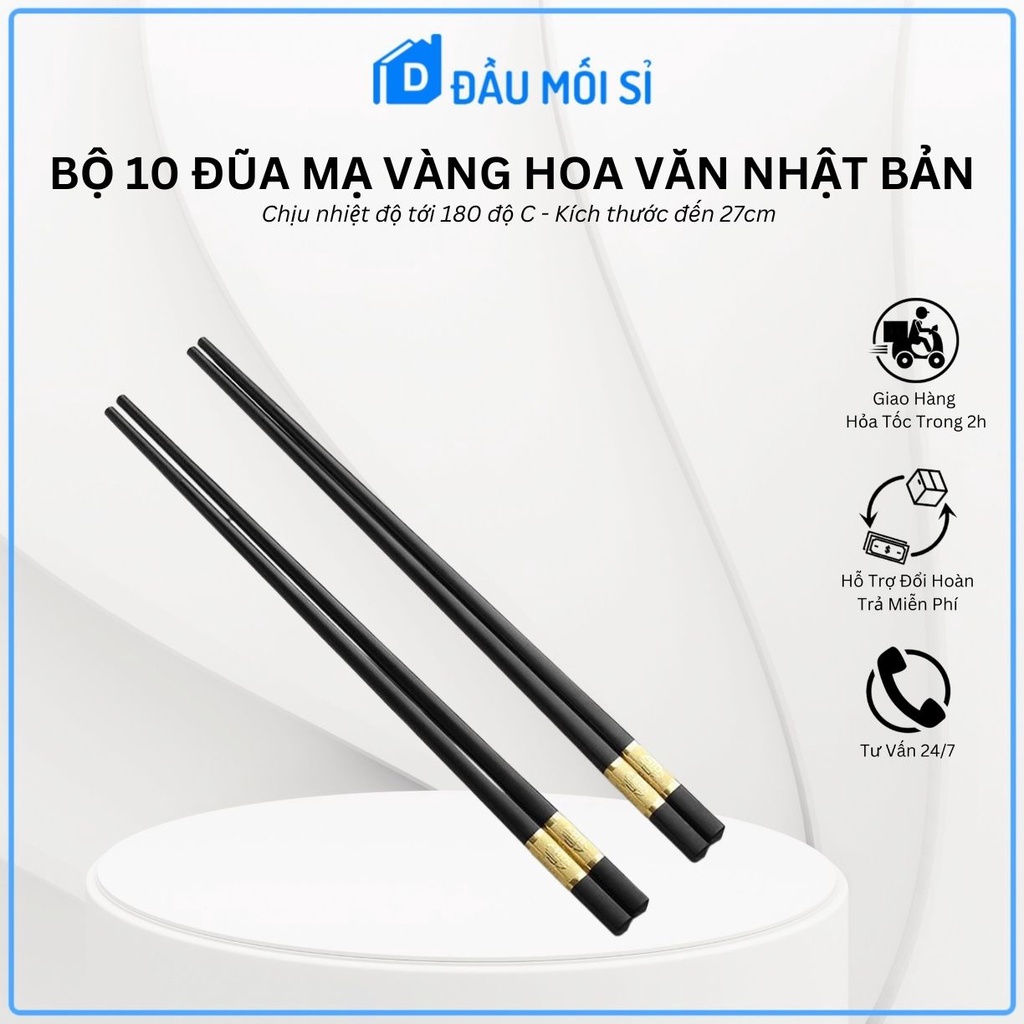 Hộp 10 đôi đũa kháng khuẩn đầu mạ vàng hoa văn Nhật Bản sang trọng từ Khodaumoisi