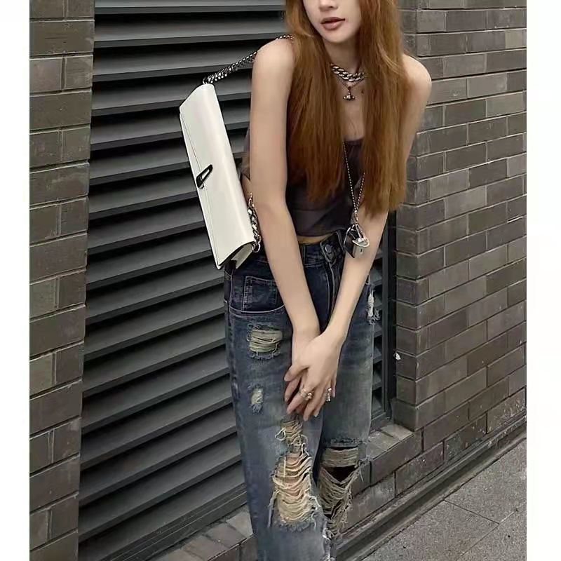 Quần jean rách phù hợp với màu thêu hợp thời trang với eo cao và giảm béo