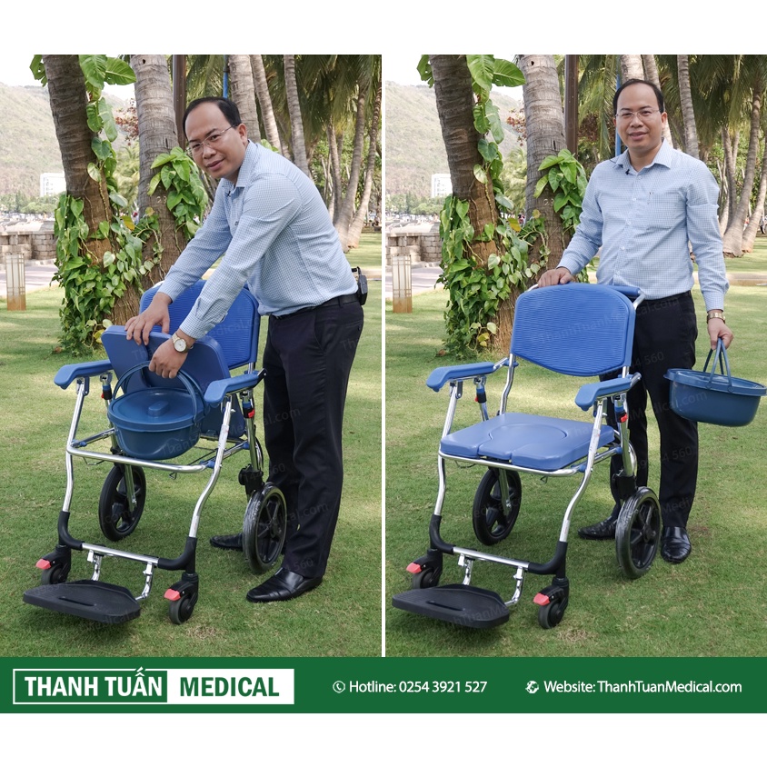Xe lăn kết hợp ghế bô vệ sinh đa năng BÁNH LỚN GBM-018 khung hợp kim nhôm siêu bền - Có đệm, Bánh xe, Chỗ gác chân