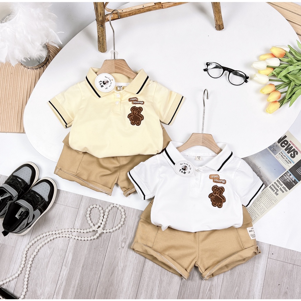 Bộ quần áo bé trai, Set Áo Thun Polo classic ngắn tay và Quần đùi logo gấu, bộ cotton mùa hè cho bé từ 7 đến 18 kg