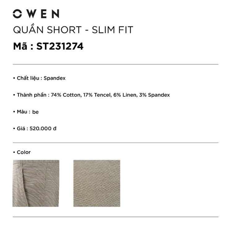 Quần short âu nam Owen ST231274 quần sooc tây ngố đùi màu be chất liệu cotton cao cấp dáng slim fit ôm vừa