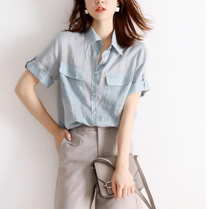 (TỔNG KHO LÂM ANH CHUYÊN SỈ) Áo sơ mi công sở nữ Linen tưng Premium tay cộc 2 túi ốp ngực trẻ trung