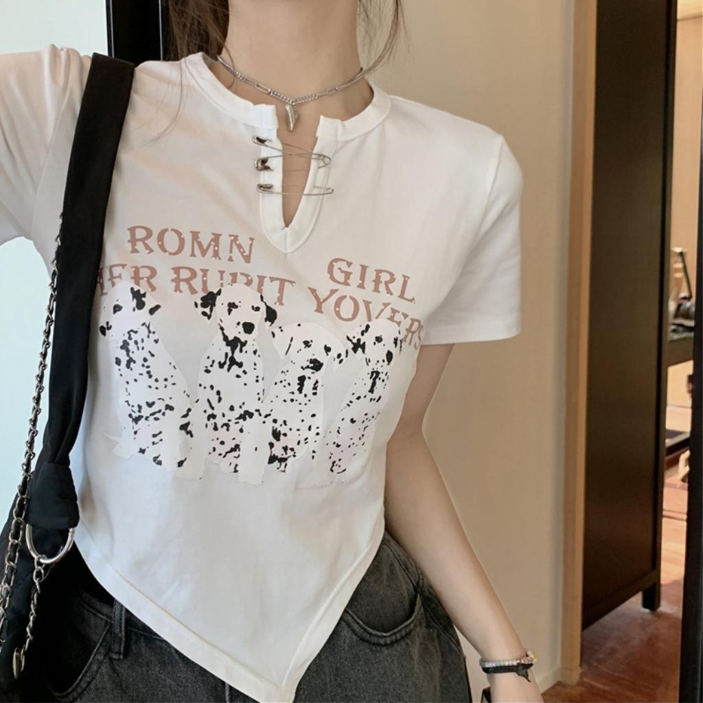 Áo croptop nữ vạt nhọn ngắn tay in hình những chú chó dễ thương GenY, Áo kiểu nữ ôm body -C19-