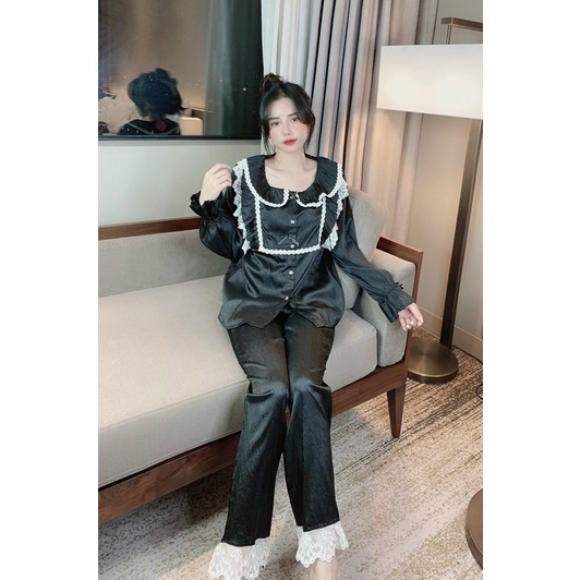 Đồ bộ ngủ -mặc nhà lụa xước dài tay tiểu thư đen