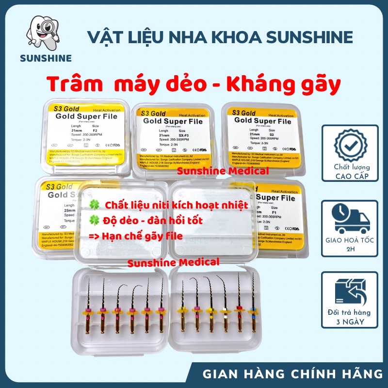 Trâm máy nội nha Dẻo- kháng gãy S3 Gold File máy nội nha dẻo File máy S3 Gold Trâm máy S3 Gold