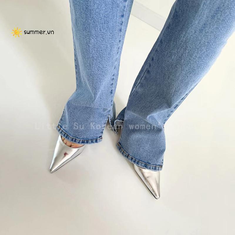 Giày Cao Gót Mũi Nhọn Màu Bạc Thời Trang Mùa Hè Dành Cho Nữ