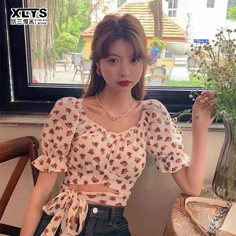 Áo croptop XINLANYASHE tay phồng in họa tiết hoa thời trang 2023 cho nữ
