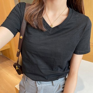 Áo thun nữ basic xược cotton cổ tim, tay ngắn GEMGEMSTORE, thun giấy cổ V nữ cổ tim nữ phong cách Hàn Quốc