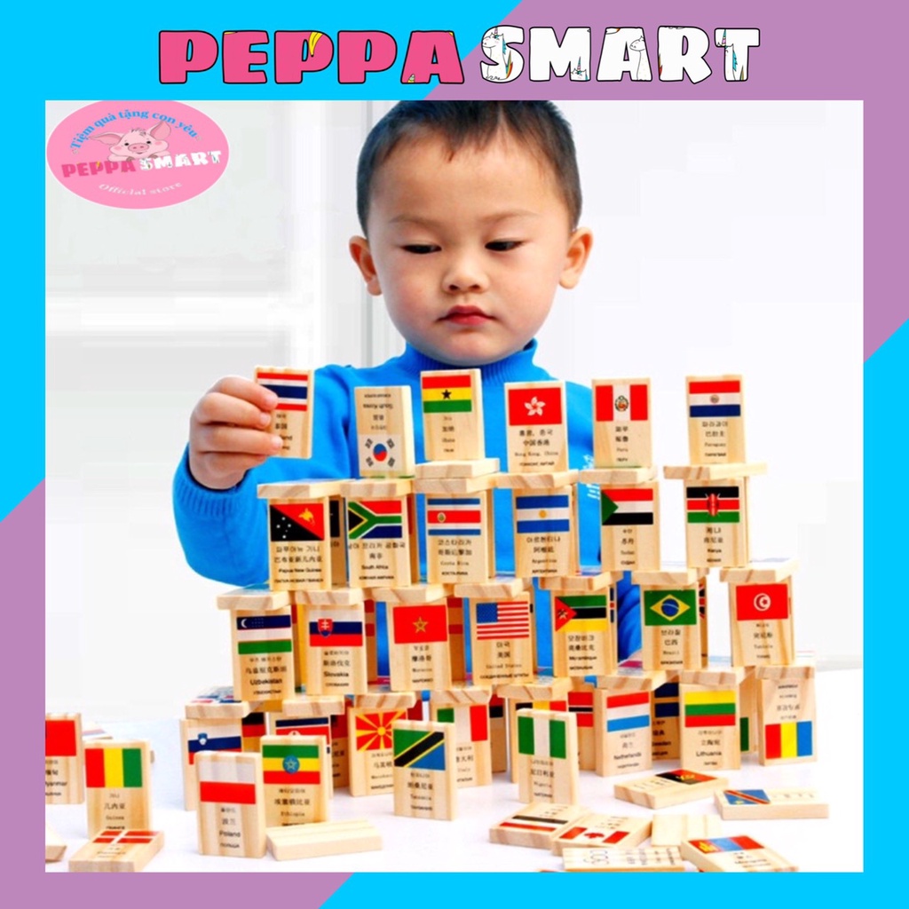 Bộ đồ chơi gỗ domino lá cờ 100 quốc gia, Đồ chơi Domino gỗ cờ các nước cho bé - PEPPA SMART