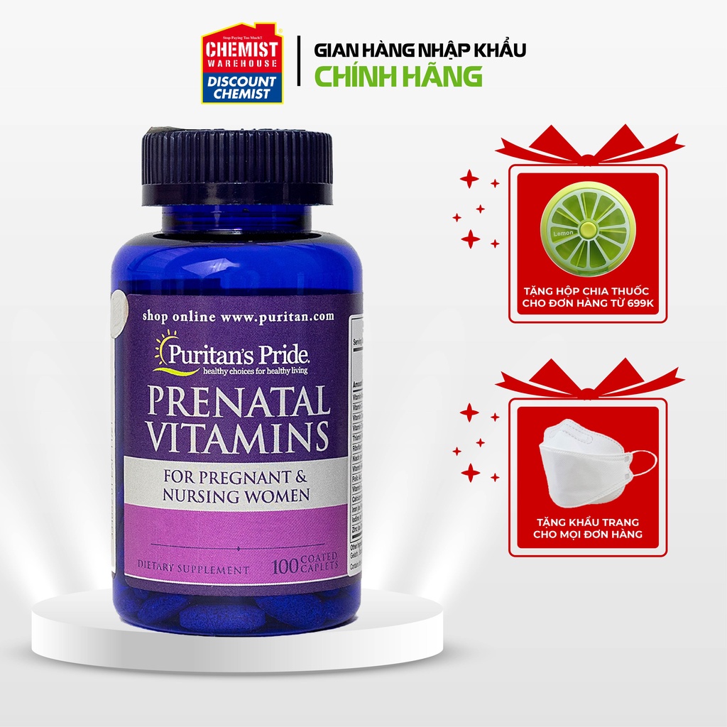 Vitamin tổng hợp mẹ bầu Puritan's Pride Prenatal Vitamins 100 viên bổ sung khoáng chất cho bà bầu và phụ nữ cho con bú