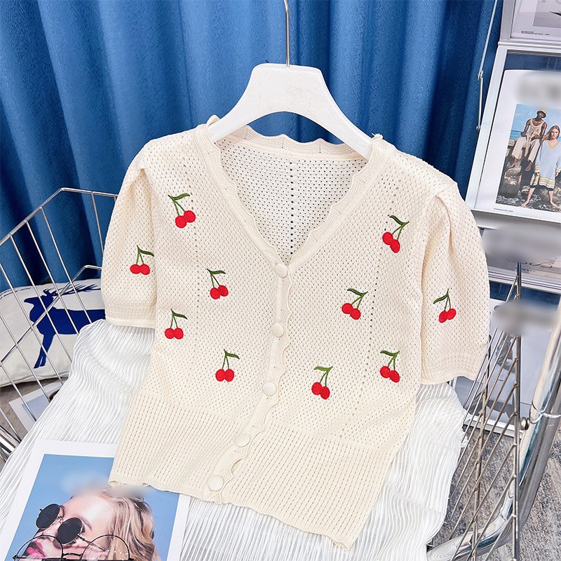 Áo len hè cộc tay dáng cardigan , thêu họa tiết quả cherry EZ9.STORE EA007