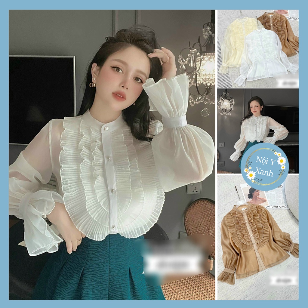 Áo sơ mi nữ kiểu phom rộng trắng be nâu tiểu thư -  Áo sơmi nữ phối bèo mặc đi học, đi làm nội y xanh - chất mát