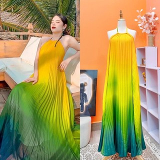 Đầm maxi chiffon loang vàng xanh lá dập ly 2 dây cổ yếm hở lưng, váy dài sang trọng quyến rũ quý phái đi biển du lịch