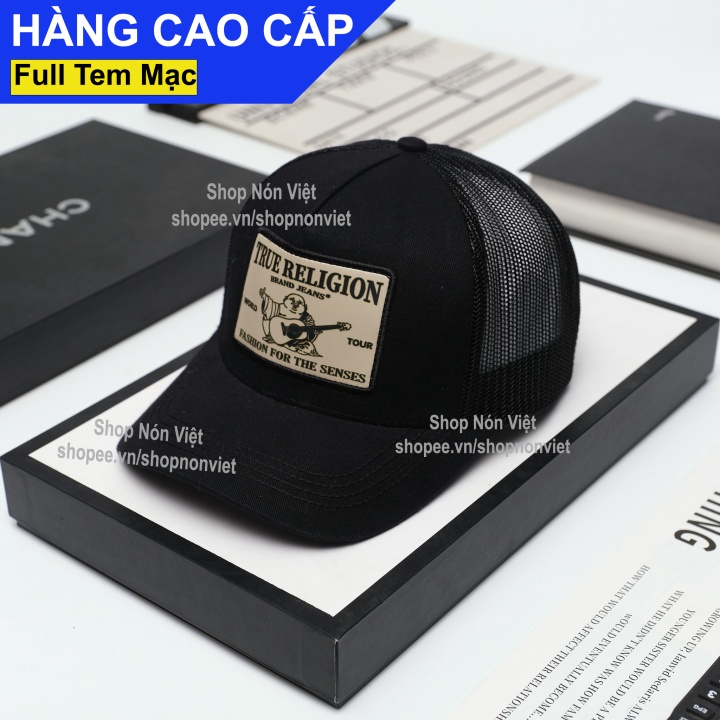 Mũ Lưỡi Trai Nón Kết Thêu Ông Địa True Religion Logo Vuông Vải Kaki Cotton Màu Đen Phối Lưới Đen Form Đứng Thời Tra