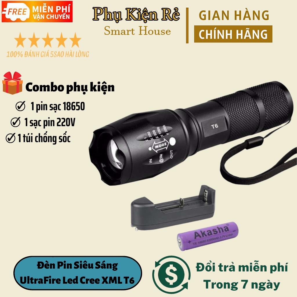 Đèn Pin Siêu Sáng UltraFire Led Cree XML T6 Cao Cấp Hợp Kim Chống Nước Pin Có Thể Sạc Lại Full box(Loại Tốt)