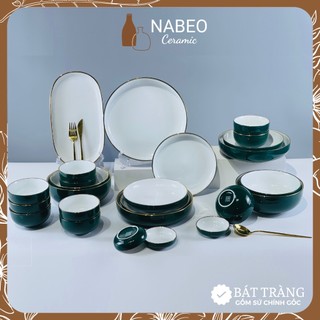 Bộ bát đĩa lục bảo vàng kim bát tràng kiểu dáng châu âu, bộ bát đĩa đẹp, bộ bát đĩa bát tràng