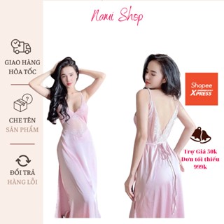 Váy 2 dây đầm ngủ dáng dài phối ren Sexy xẻ tà Lụa Latin cực mát Freesize