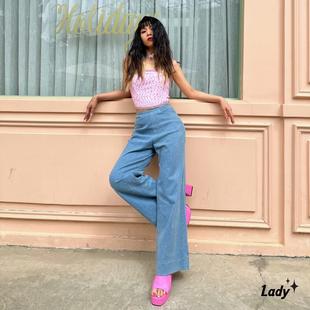 Quần jeans Highwaist kiểu Âu phục ống suông rộng