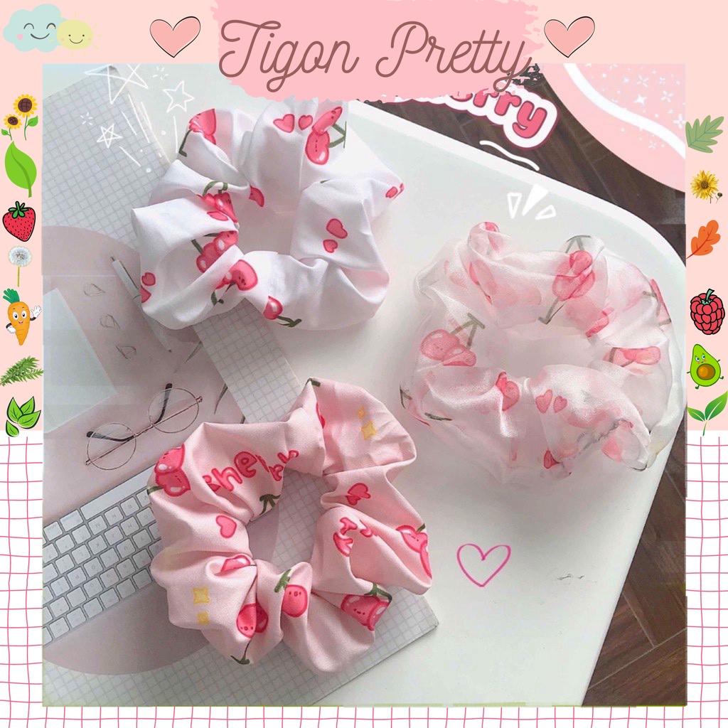Cột Tóc Vải Scrunchies Cherry [ Ảnh Thật],