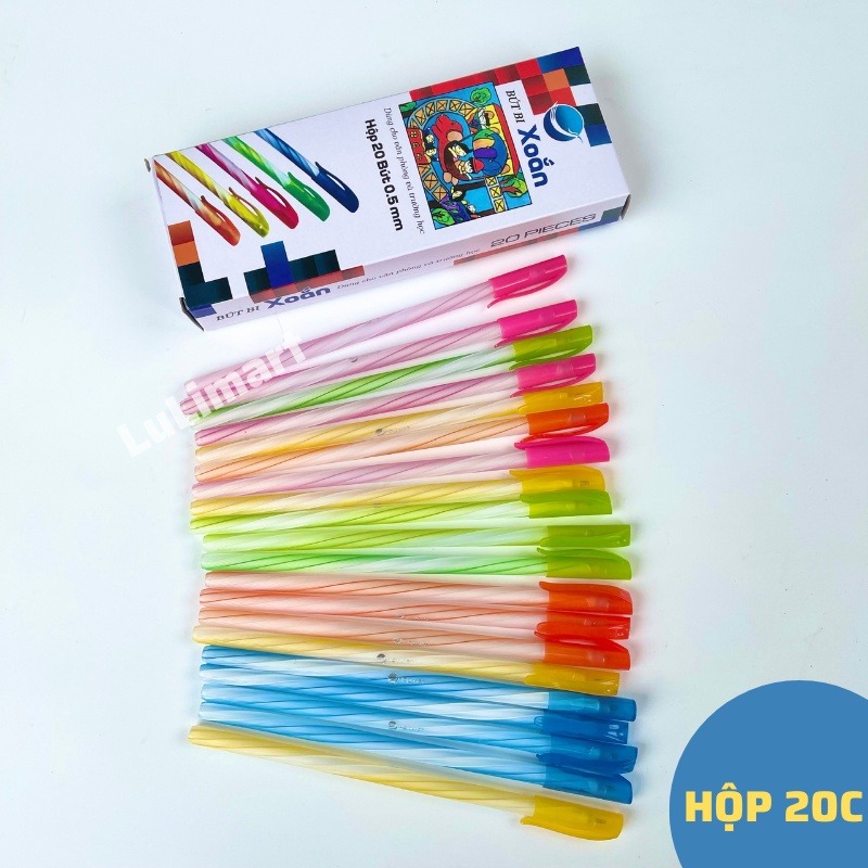 Hộp 20 Chiếc Bút Bi Xoắn Mực Xanh-Đen Ngòi 0.5mm Viết Siêu Thích