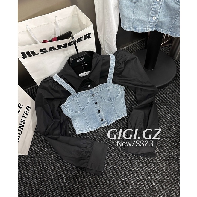 Áo sơ mi mix cúp ngực jeans hàng QC cao cấp