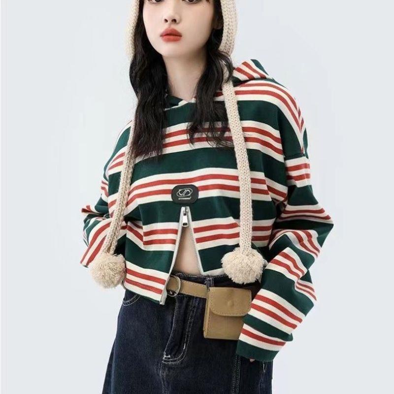 Áo Hoodie Họa Tiết Kẻ Sọc Phối Khóa Kéo Phong Cách Retro