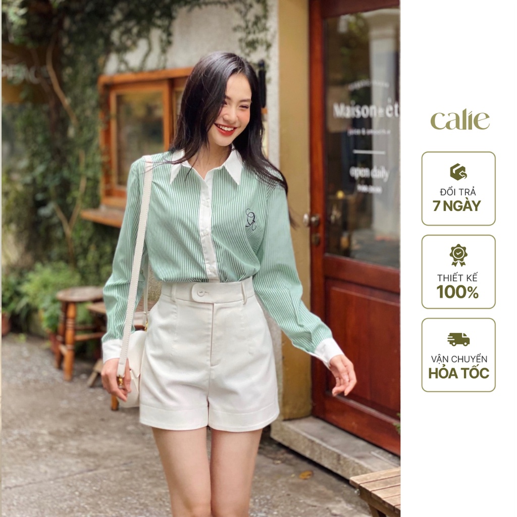 Áo sơ mi nữ kẻ thêu ngực thời trang công sở Calie AS180