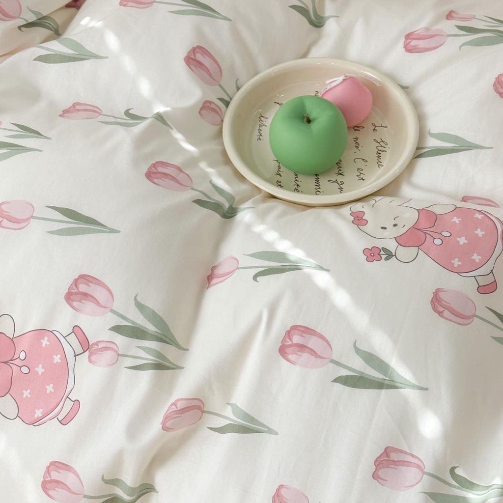 Chăn Ga Gối Cotton Living " TUY LÍP HỒNG " - Bộ Chăn Ga Gối Cotton 100% Nhập Khẩu 4 món