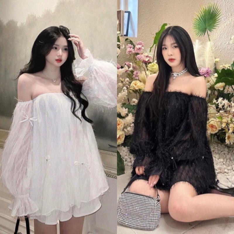 ( Loại 1 + Siêu Rẻ ) Áo Trễ Vai Kim Tuyến Tay Dài Đính Nơ Tơ Lông Tua Rua Dáng Váy Qua Mông Màu Trắng Đen
