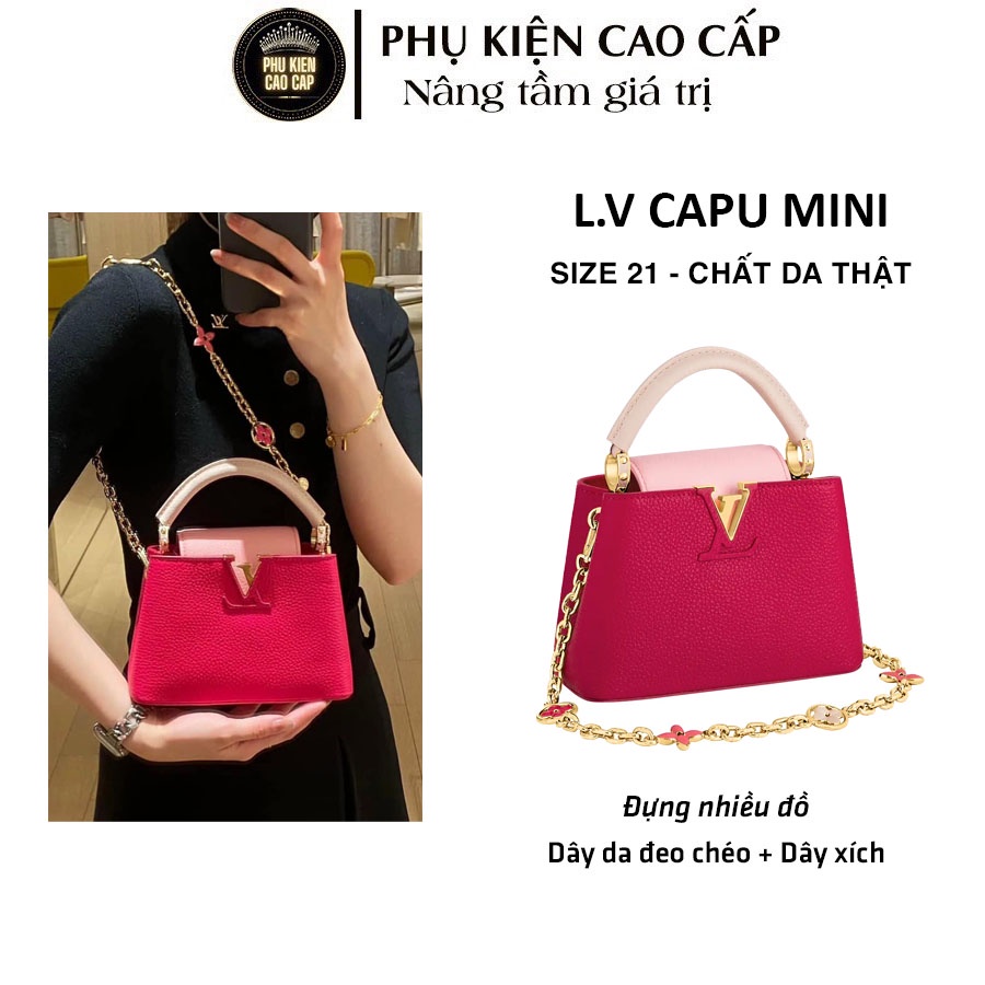 Túi xách da thật kèm dây xích hàng hiệu cao cấp, thời thượng - L,V CAPU MINI size 21 fullbox hãng