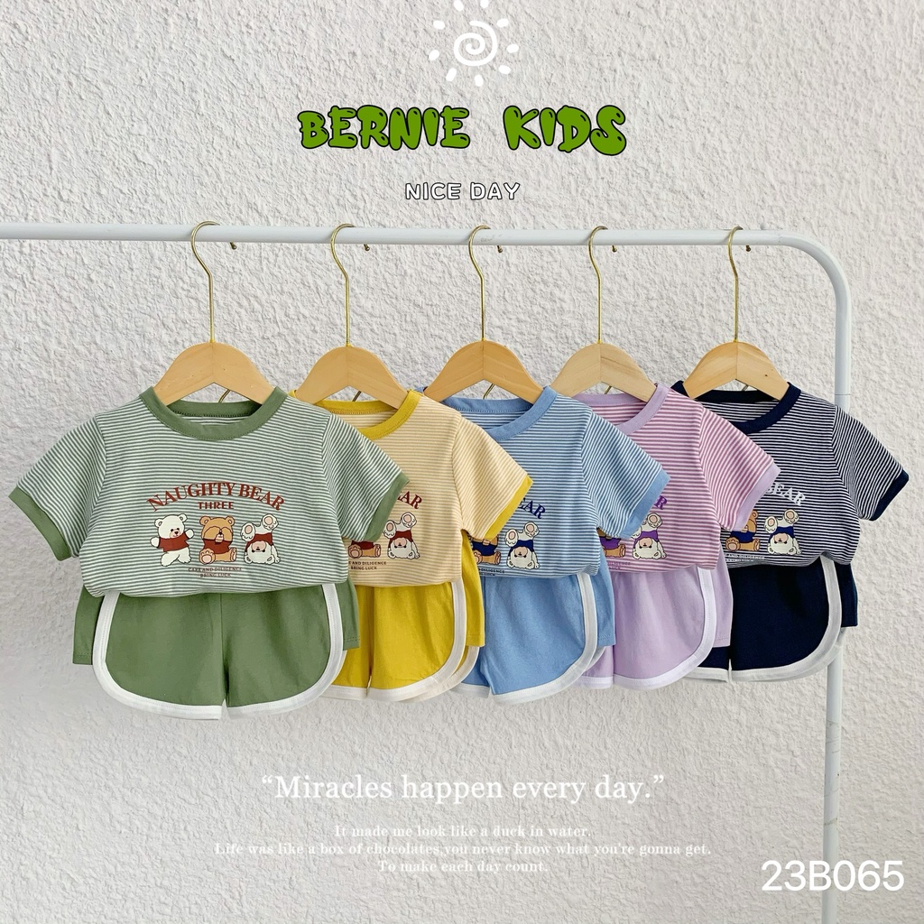 Bộ cotton cộc kẻ in gấu Bernie cho bé trai bé gái
