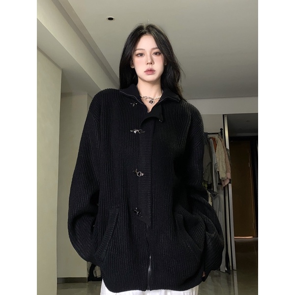 Áo Khoác Len - Áo Cardigan Cổ Cao Dáng Rộng Màu Đen Khoá Kim Loại Kiểu Dáng Hàn Quốc Thời Trang Nam Nữ