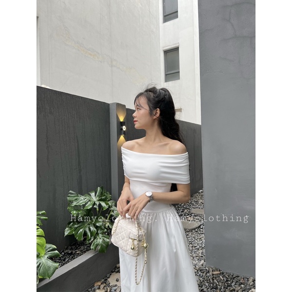 Váy maxi trễ vai cộc tay