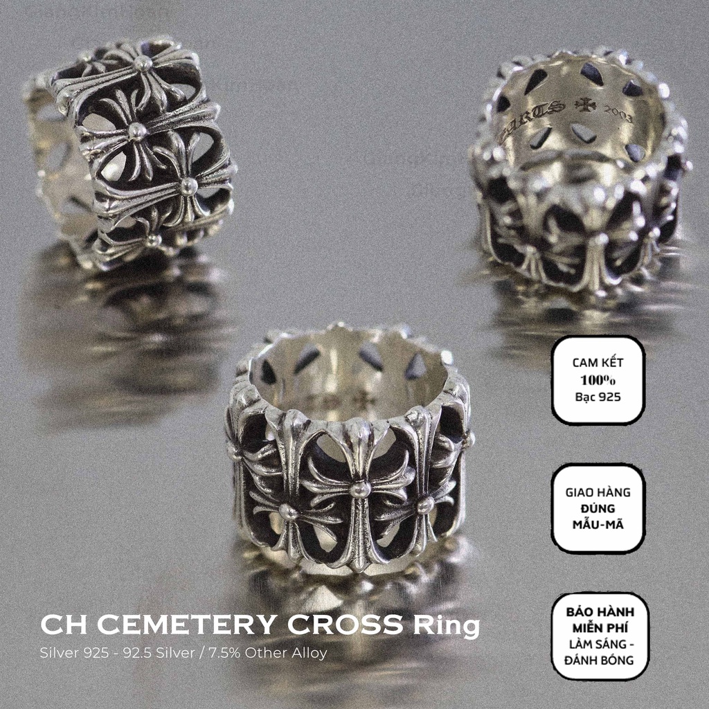 Nhẫn Chrome Hearts Cemetory nam nữ bạc 925 phong cách cá tính, Nhẫn bạc nam nữ CH Cemetory sang trọng
