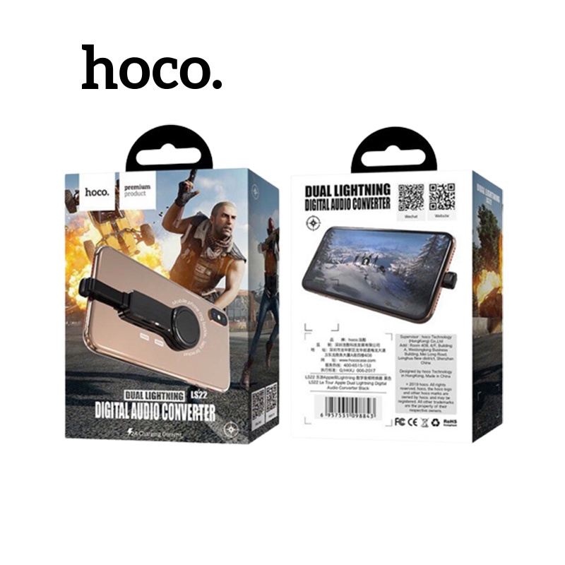 Cáp chuyển đổi Hoco LS22 từ 1i.p sang 2 i.p , chuyên dùng để chơi game kèm giá đỡ điện thoại IP10/11/12