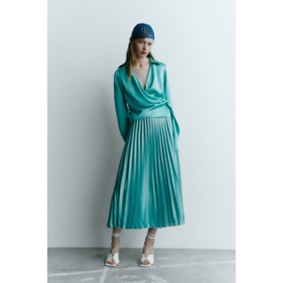 Xả kho - ZARA Đức - Chân váy satin lụa midi xếp ly xanh ngọc sale auth new tag cao cấp chính hãng có sẵn 3564/173