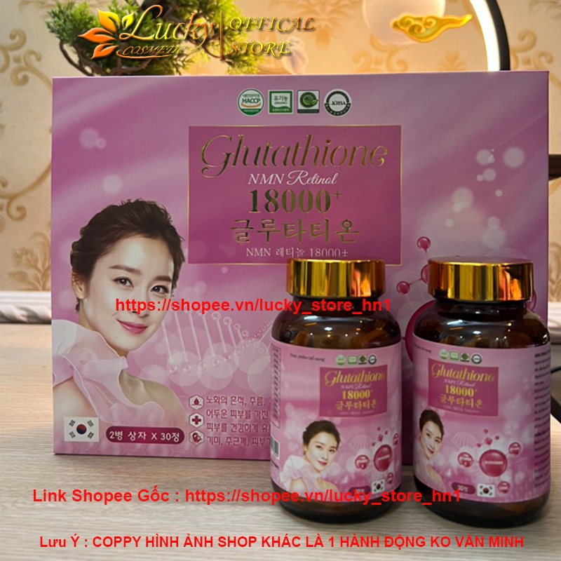 GLUTATHIONE 18000mg+ Viên Uống Trắng Da Cấp Tốc Giảm Nám Giảm Thâm Nhăn Giúp Da Căng Bóng Trắng Mịn Hộp 2 Lọ 30 Viên