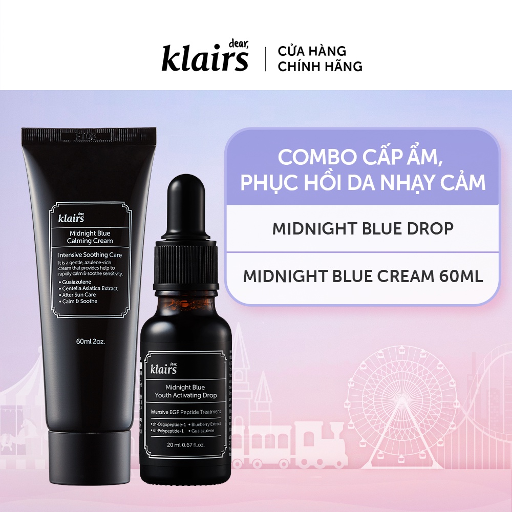 Combo Dear, Klairs Kem dưỡng Midnight Blue Calming Cream 60ml+tinh chất Midnight Blue Youth Activating Drop 20ml