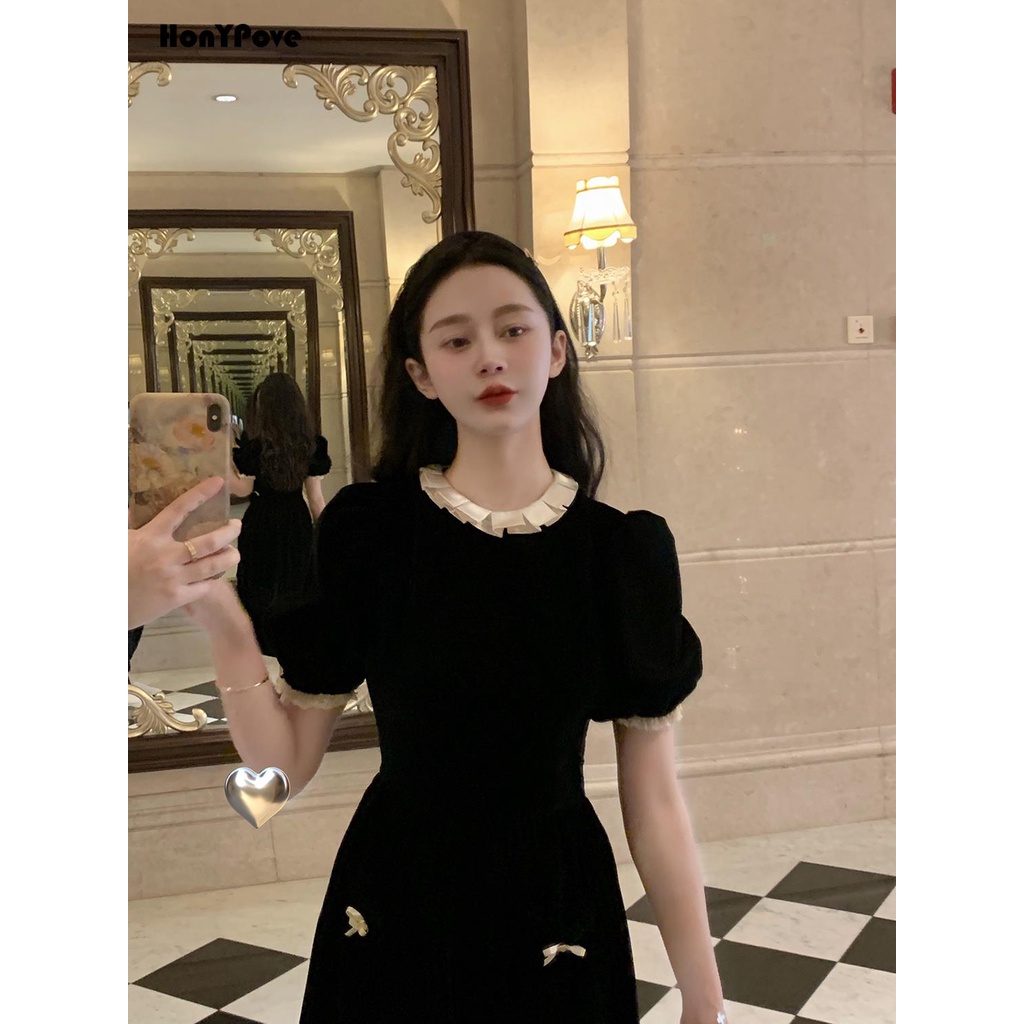 Đầm Nhung Xếp Ly Cổ Ren Màu Sắc Tương Phản Phong Cách Hepburn Hàn Quốc Cổ Điển Thời Trang Cho Nữ