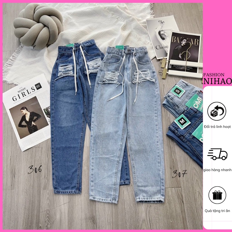 Quần Baggy Rách Nữ Nihao Mẫu Có Dây Rút Lưng , Quần Rin Nữ Lưng Cao Ống Nhỏ Chất Jeans Mềm Mại Không Giãn 306