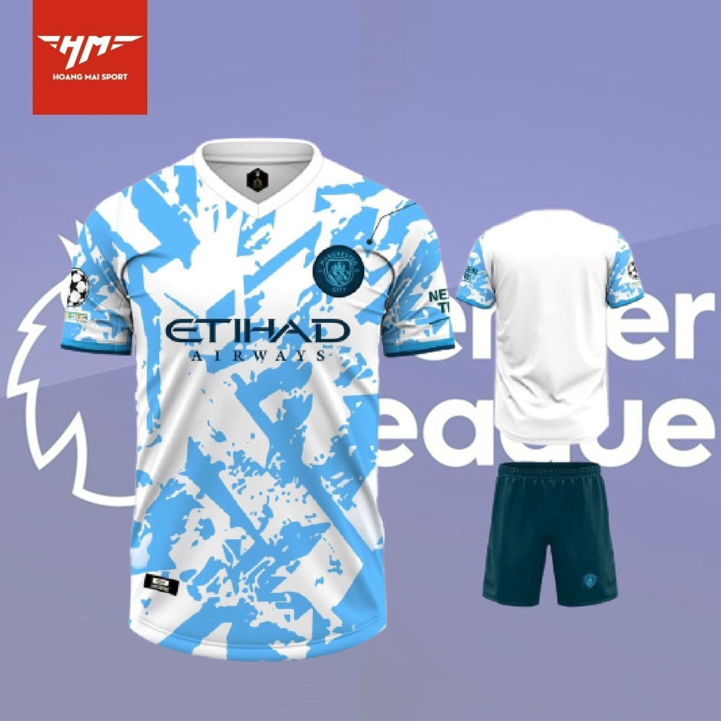 Bộ quần áo thể thao bóng đá Manchester City trắng xanh thun lạnh