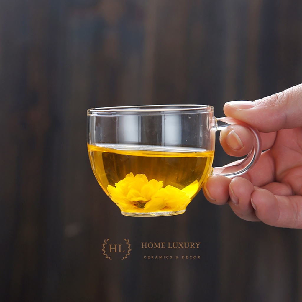 CHÉN  ĐĨA THỦY TINH QUAI | Chén thủy tinh chịu nhiệt chuyên dùng cho trà hoa cúc 100ml kèm đĩa kê thủy tinh chịu nhiệt | BigBuy360 - bigbuy360.vn