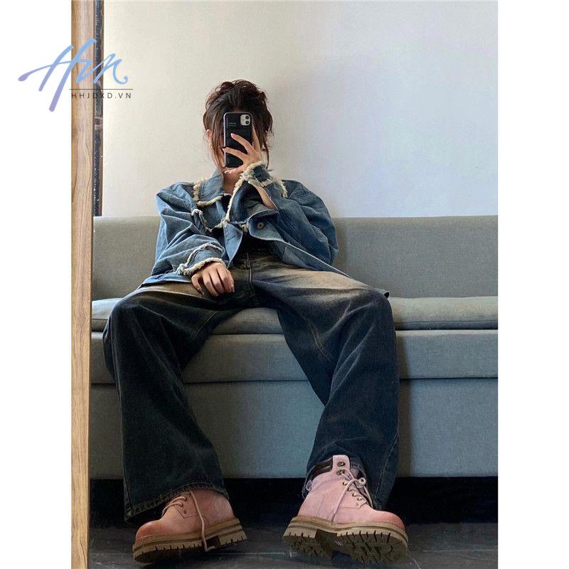 Quần Jean Nữ Ống Rộng Lưng Cao Phong Cách Retro Mỹ Thời Trang Mùa Thu Mới