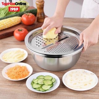 Bộ thau rổ bào - Bộ dụng cụ bào đa năng - Bộ 3 món bào nạo rau củ kiêm rổ và chậu inox cao cấp