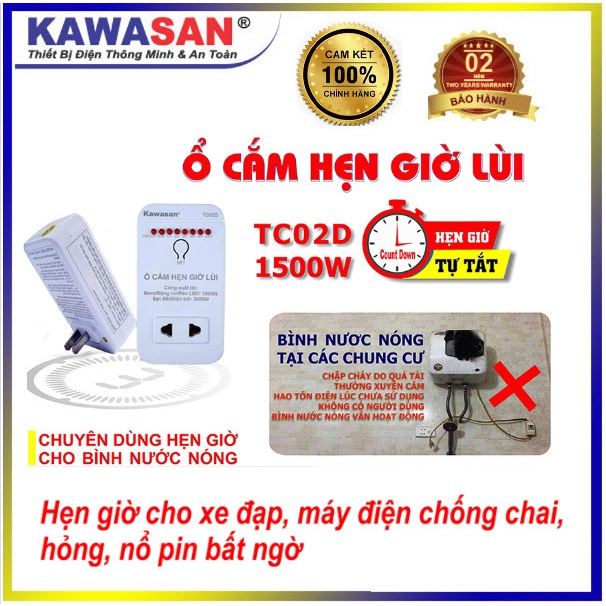 Ổ Cắm Hẹn Giờ Lùi TC02D-1500W/Hẹn giờ sạc điện thoại di động, hẹn giờ tắt máy nước nóng, bơm nước cấp, tưới cây