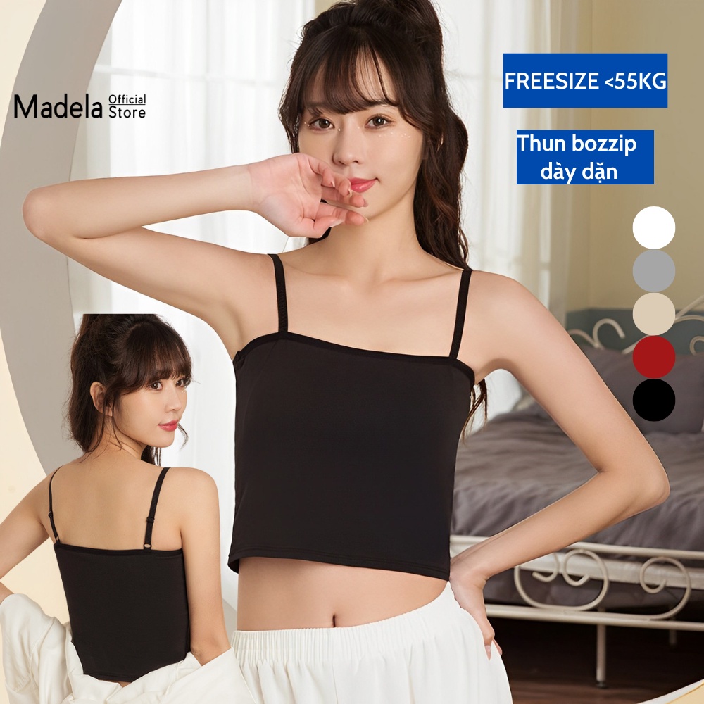 Áo hai dây nữ chất thun bozzip ôm MADELAdày dặn dây có thể điều chỉnh, Áo 2 dây nữ dài 32cm Freesize &lt;55kg